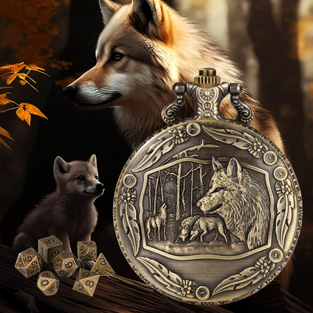 WorldNorse Embossed Wolves Dice Case Set Waist Chain - Pocket Watch Case + Chain + Dice - Gold - image 1