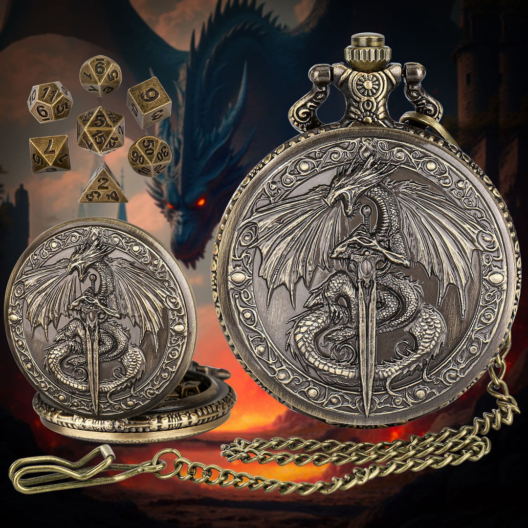 WorldNorse Sword Dragon Case Dice Waist Chain - Pocket Watch Case + Chain + Dice - Gold - image 1