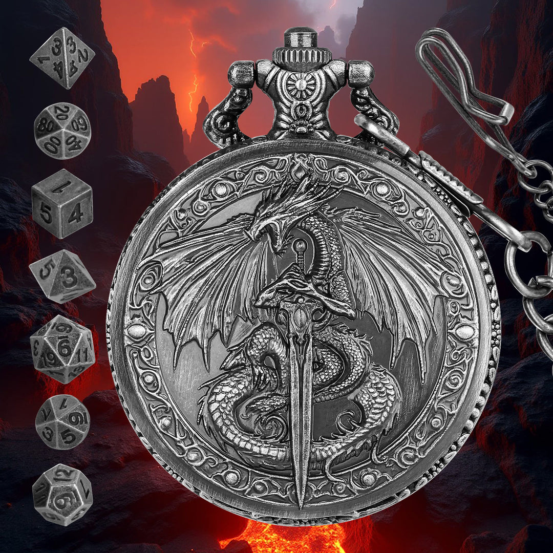 WorldNorse Sword Dragon Case Dice Waist Chain - Pocket Watch Case + Chain + Dice - Silver - image 8