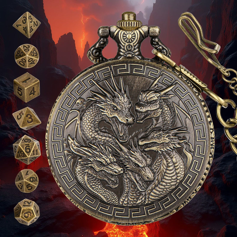 WorldNorse Viking Dragon Engraved Dice Waist Chain - Pocket Watch Case + Chain + Dice - Gold - image 1