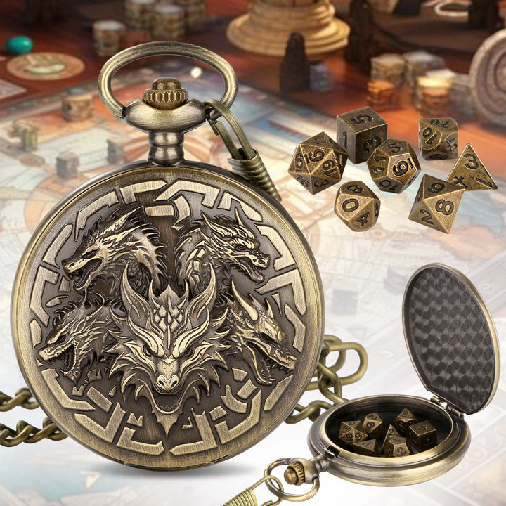 WorldNorse Norse Dragon Dice Accessories Waist Chain - Pocket Watch Case + Chain + Dice - Gold - image 1