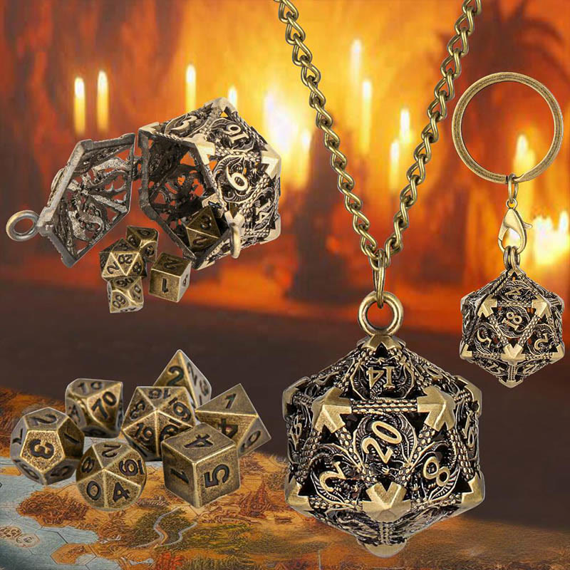 WorldNorse Twenty Sides Hollow Dice Necklace / Waist Chain / Keychain - Keychain + Necklace - Gold - image 1