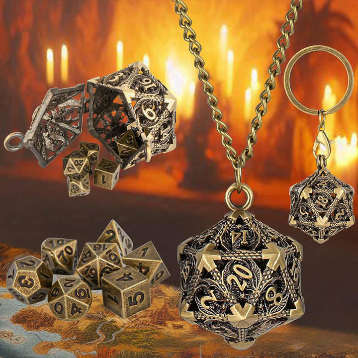 WorldNorse Twenty Sides Hollow Dice Necklace / Waist Chain / Keychain - Keychain + Necklace - Gold - image 1