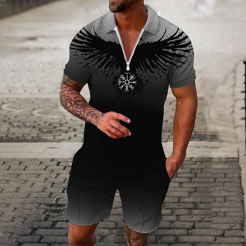 WorldNorse Vegvisir Raven Bleeding Polo Shirt & Shorts Co-Ord Set - Gray - US/UK/AU52，EU62 (6XL) - image 1