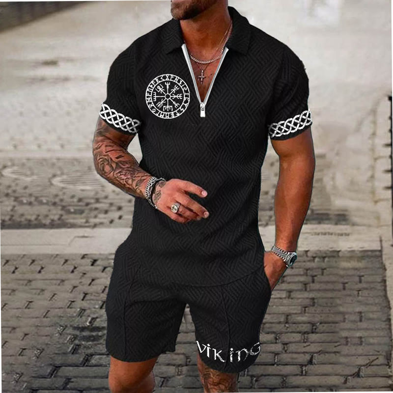 WorldNorse Celtic Knot Vegvisir Polo Shirt & Shorts Co-Ord Set - Black - US/UK/AU52，EU62 (6XL) - image 1