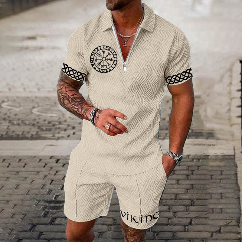 WorldNorse Celtic Knot Vegvisir Polo Shirt & Shorts Co-Ord Set - Beige - US/UK/AU52，EU62 (6XL) - image 0