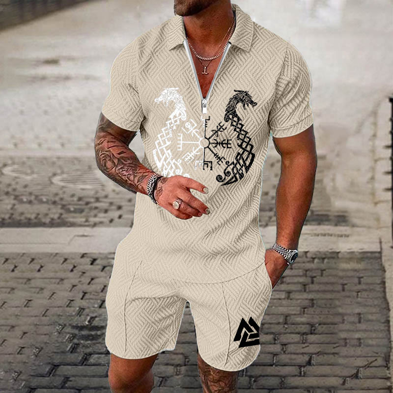 WorldNorse Norse Dragon Valknut Polo Shirt & Shorts Co-Ord Set - Beige - US/UK/AU52，EU62 (6XL) - image 3
