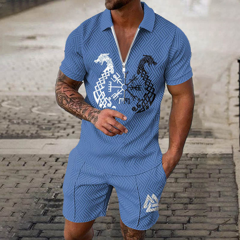 WorldNorse Norse Dragon Valknut Polo Shirt & Shorts Co-Ord Set - Blue - US/UK/AU52，EU62 (6XL) - image 0