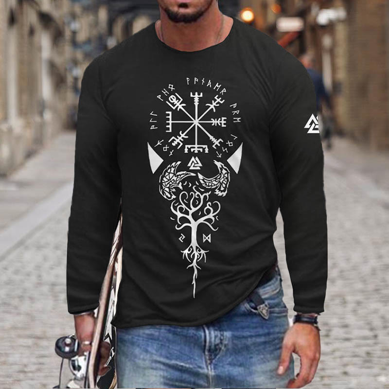 WorldNorse Yggdrasil Vegvisir Raven Totem Long T-shirt - Black - US/UK/AU50，EU60 (5XL) - image 1