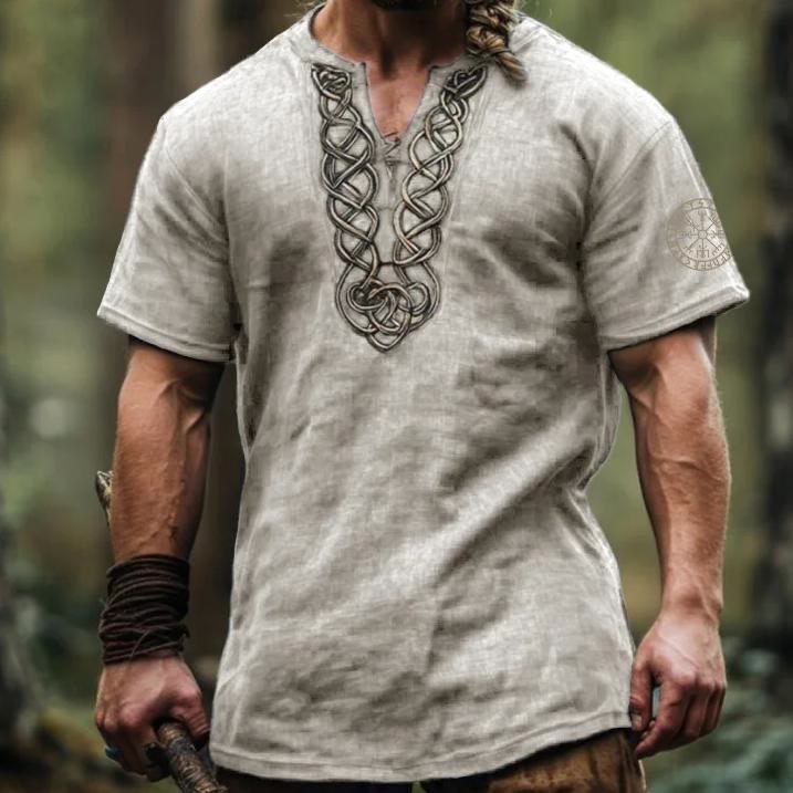 WorldNorse Viking Vintage Vegvisir Celtic Knot Linen V-neck Shirt - White - US/UK/AU50，EU60 (5XL) - image 4
