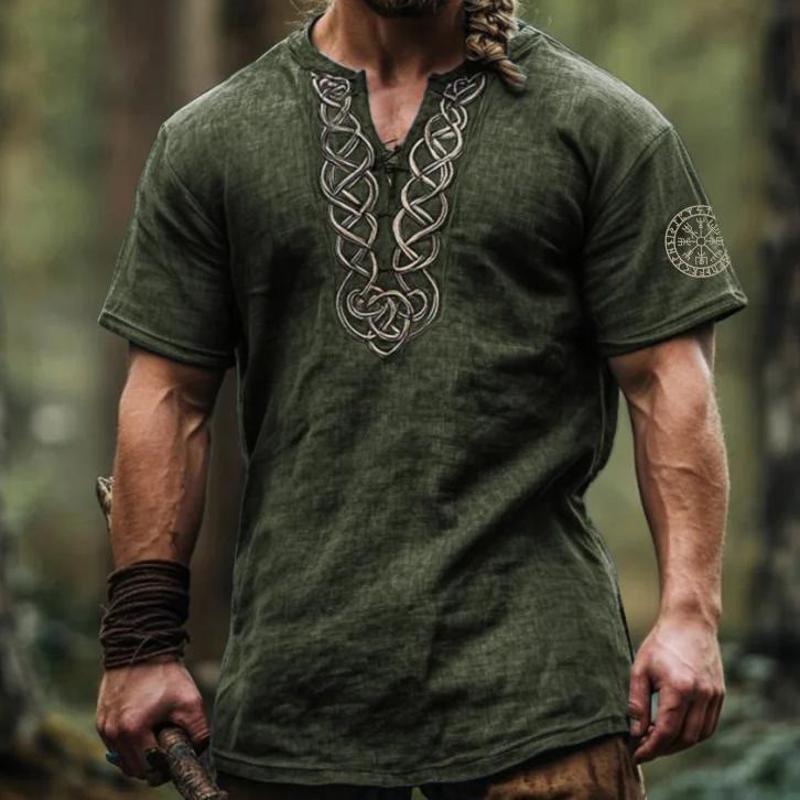 WorldNorse Viking Vintage Vegvisir Celtic Knot Linen V-neck Shirt - Green - US/UK/AU50，EU60 (5XL) - image 5