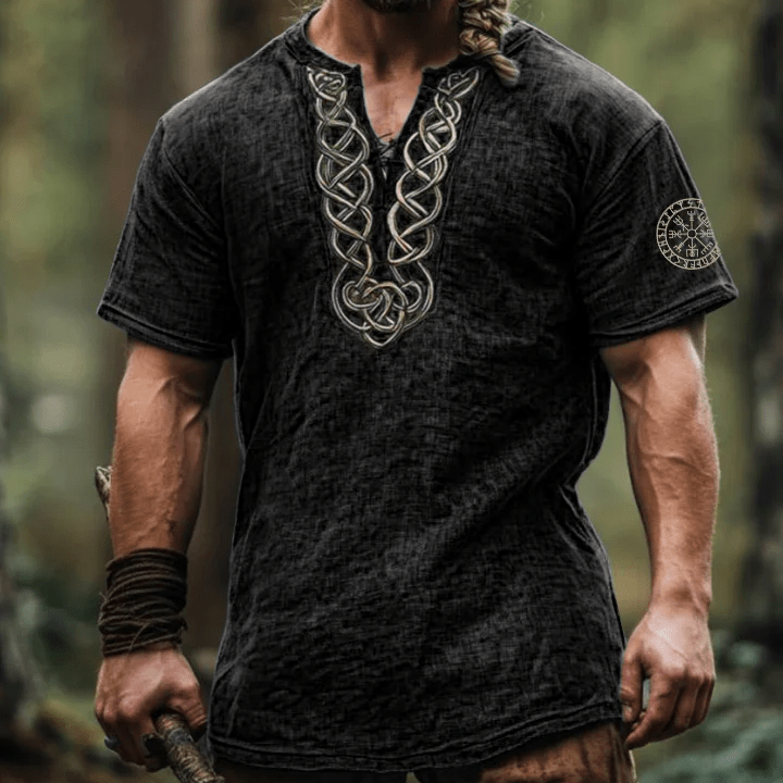 WorldNorse Viking Vintage Vegvisir Celtic Knot Linen V-neck Shirt - Black - US/UK/AU50，EU60 (5XL) - image 3