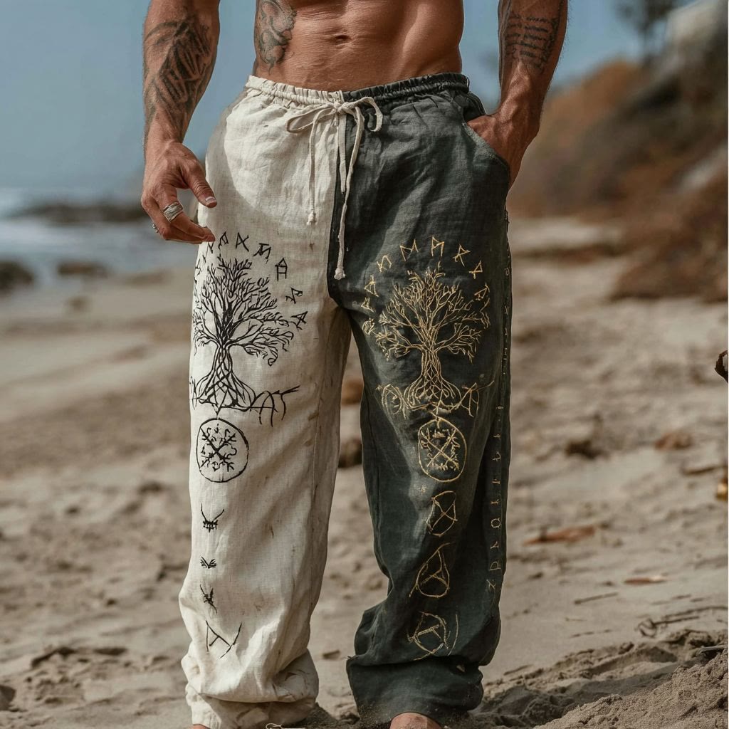 WorldNorse Viking Yggdrasil Rune Two Tone Linen Pants - US/UK/AU50，EU60 (5XL) - image 1