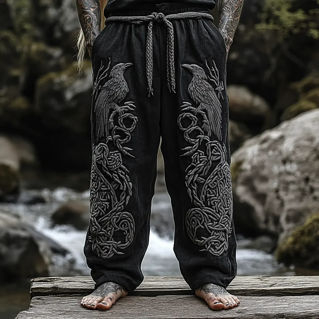 WorldNorse Viking Vintage Raven Celtic Knot Linen Pants - US/UK/AU50，EU60 (5XL) - image 1