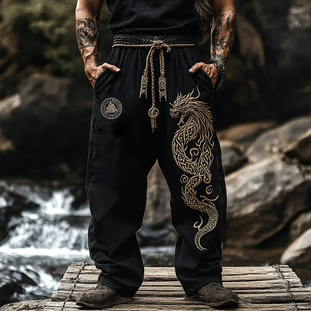WorldNorse Viking Norse Dragon Valknut Rune Linen Pants - US/UK/AU50，EU60 (5XL) - image 1