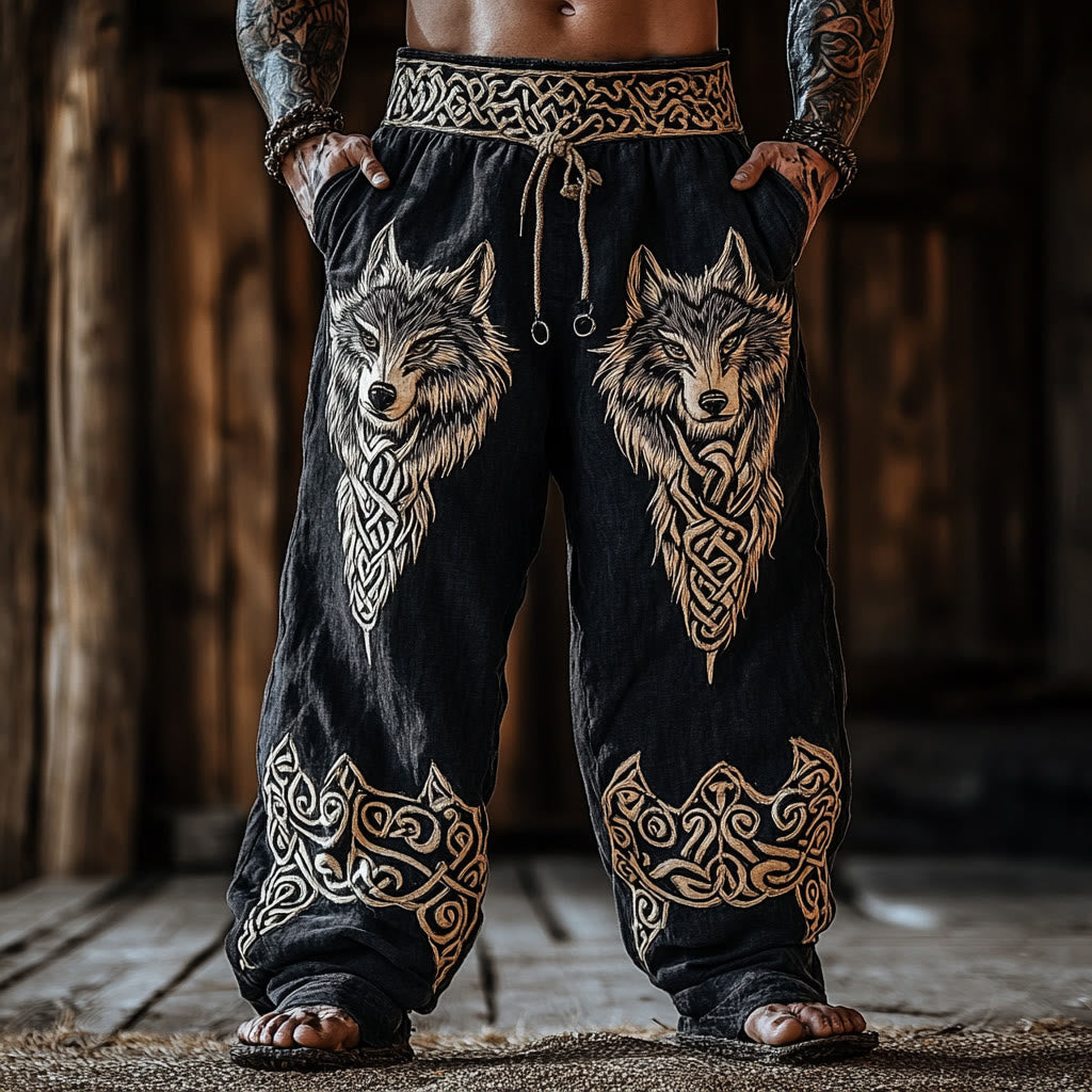 WorldNorse Viking Wolves Celtic Knot Linen Pants - US/UK/AU50，EU60 (5XL) - image 1