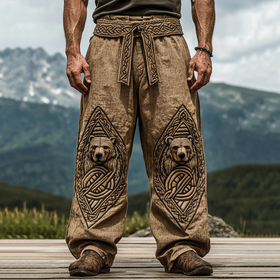 WorldNorse Mythology Viking Bear Celtic Knot Linen Pants - US/UK/AU50，EU60 (5XL) - image 1