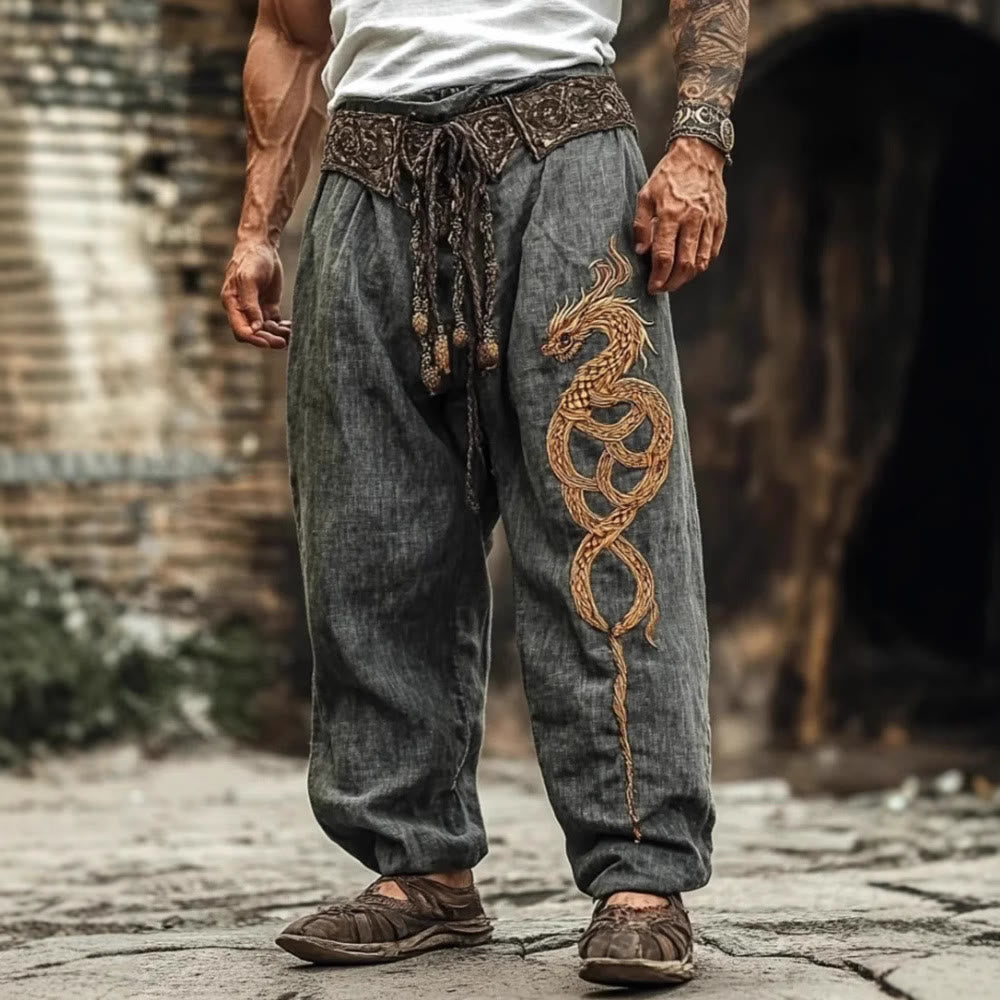 WorldNorse Vintage Norse Dragon Printed Linen Pants - US/UK/AU50，EU60 (5XL) - image 1