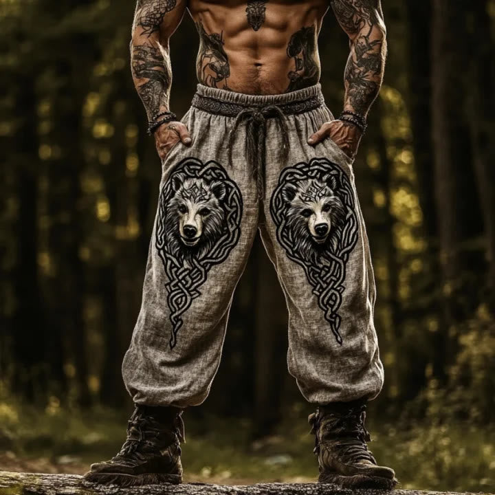 WorldNorse Viking Bear Celtic Knot Pattern Linen Pants - US/UK/AU50，EU60 (5XL) - image 1