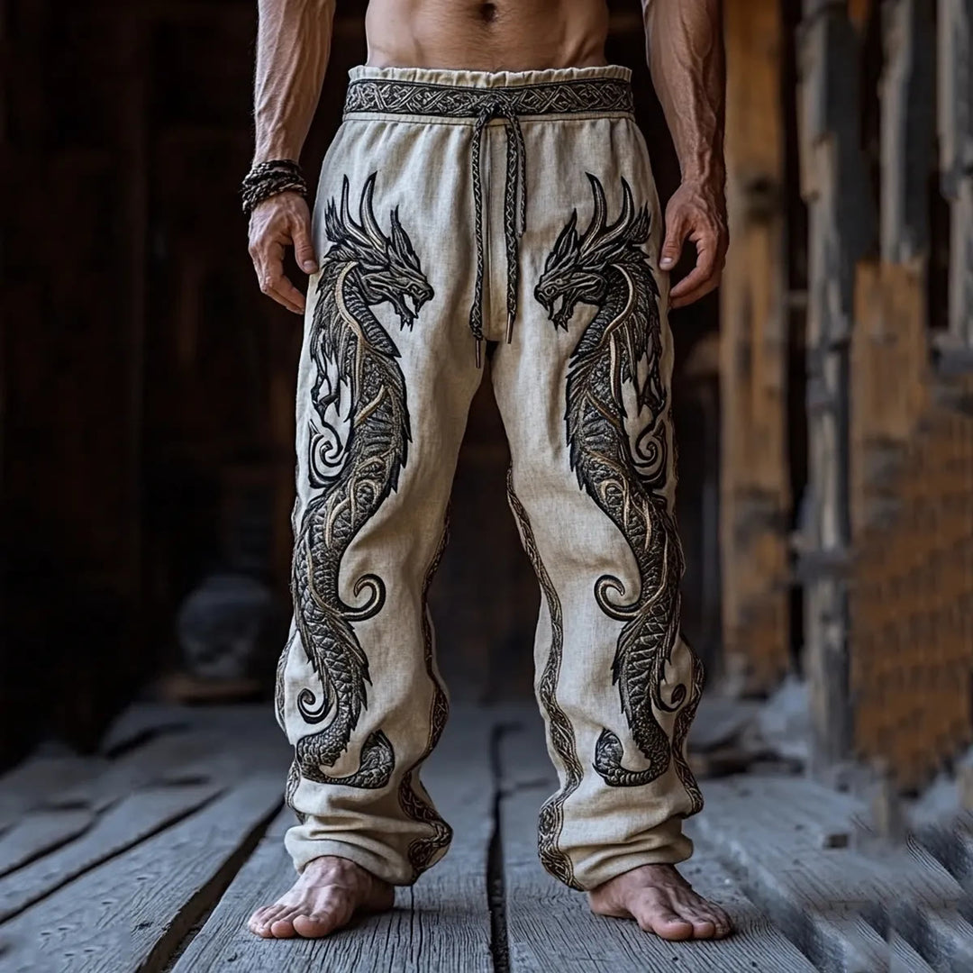 WorldNorse Mythology Norse Dragon Printed Linen Pants - US/UK/AU50，EU60 (5XL) - image 1