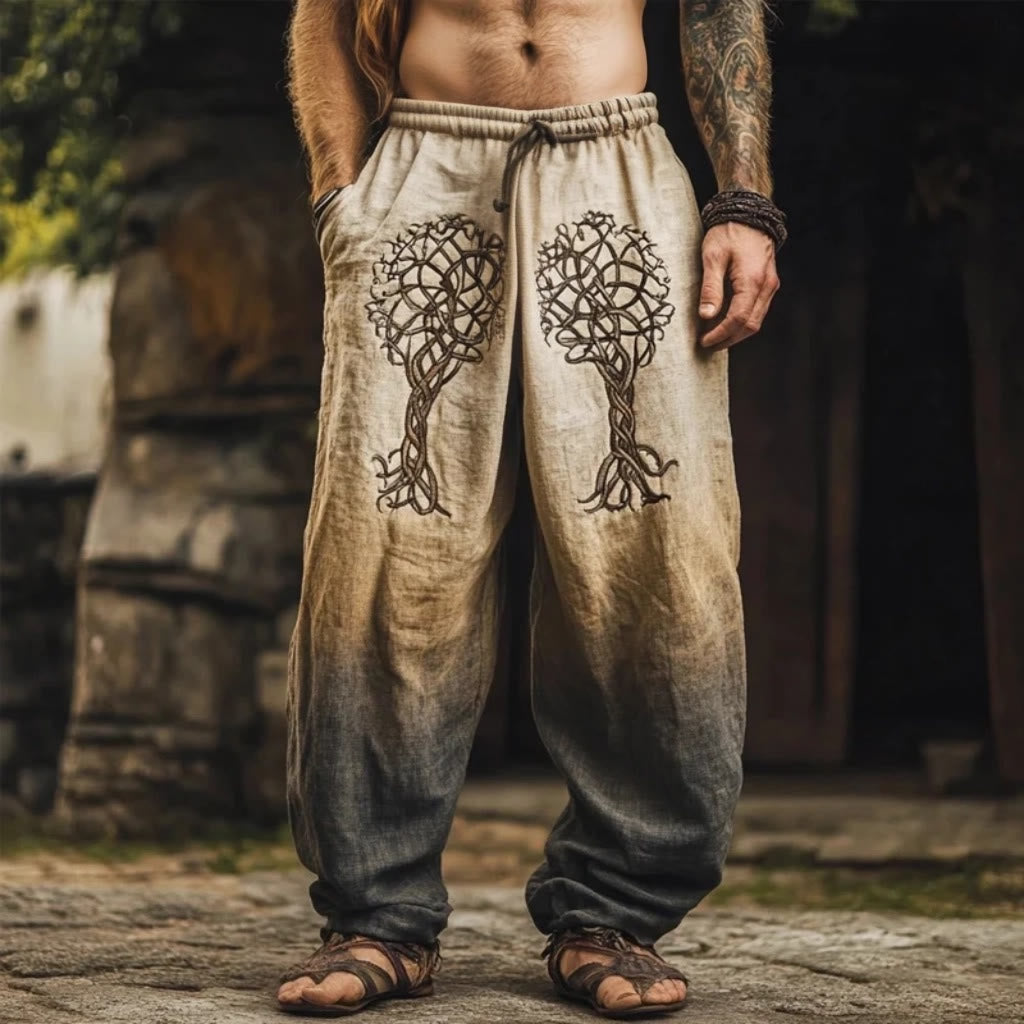 WorldNorse Vintage Yggdrasil Printed Linen Pants - US/UK/AU50，EU60 (5XL) - image 1