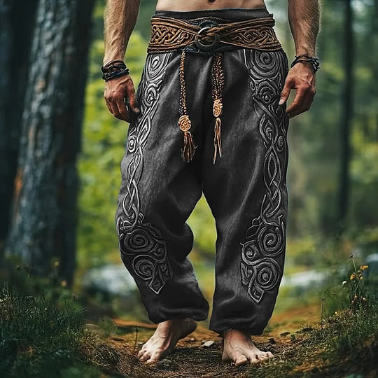 WorldNorse Viking Vintage Celtic Knot Pattern Linen Pants - Grey - US/UK/AU50，EU60 (5XL) - image 2