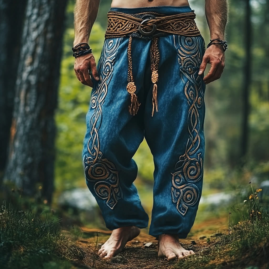WorldNorse Viking Vintage Celtic Knot Pattern Linen Pants - Blue - US/UK/AU50，EU60 (5XL) - image 1