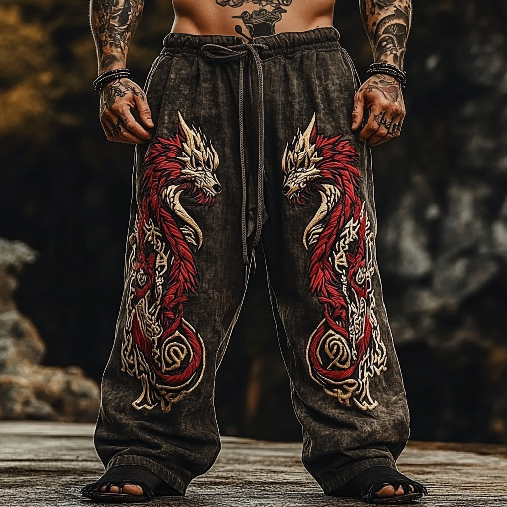 WorldNorse Viking Two Tone Norse Dragon Linen Pants - US/UK/AU50，EU60 (5XL) - image 1
