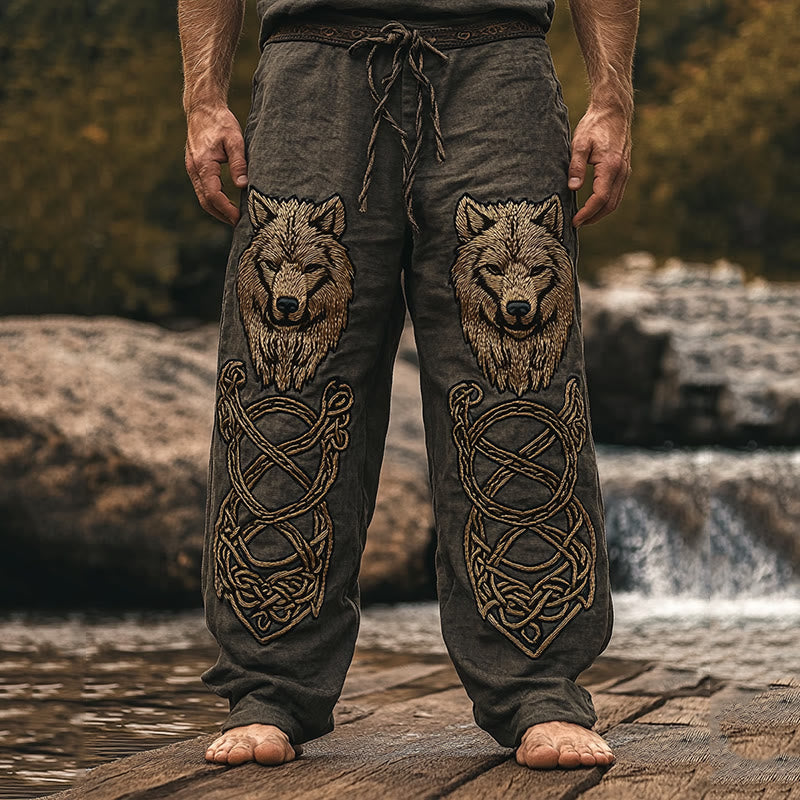 WorldNorse Viking Vintage Fenrir Printed Linen Pants - US/UK/AU50，EU60 (5XL) - image 1
