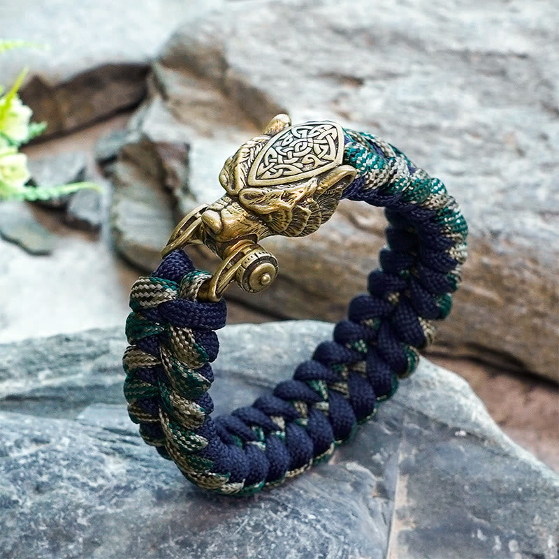 WorldNorse Viking Leopard Shield Paracord Braided Bracelet - Blue & Green - Inner Circumference: 24cm (Full Length 28cm) - image 1