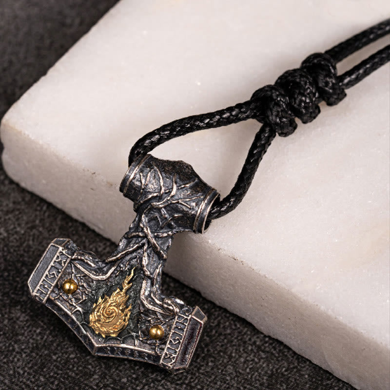 WorldNorse Handcrafted 925 Silver Thor Hammer Song Of Flame Necklace - With Wax Rope - image 1