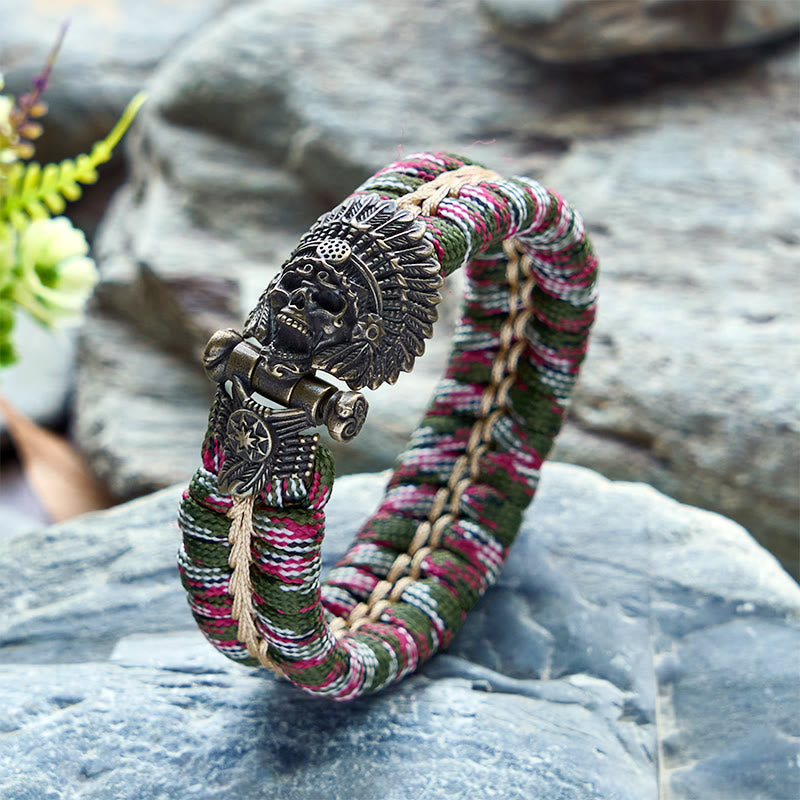 WorldNorse Vintage Tribal Cacique Skull Paracord Braided Bracelet - Red & Green - Inner Circumference: 24cm (Full Length 28cm) - image 1