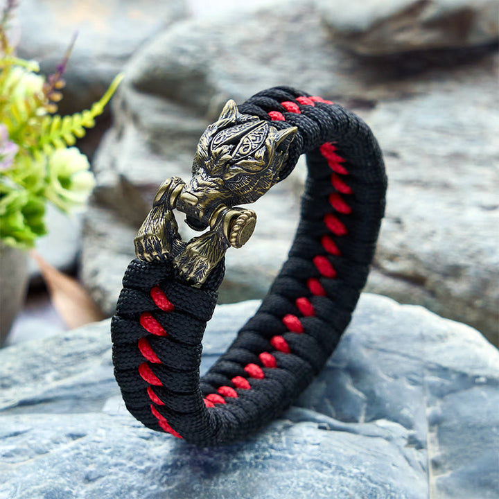 WorldNorse Viking Warrior Wolf Paracord Braided Bracelet - Black & Red - Inner Circumference: 24cm (Full Length 28cm) - image 1