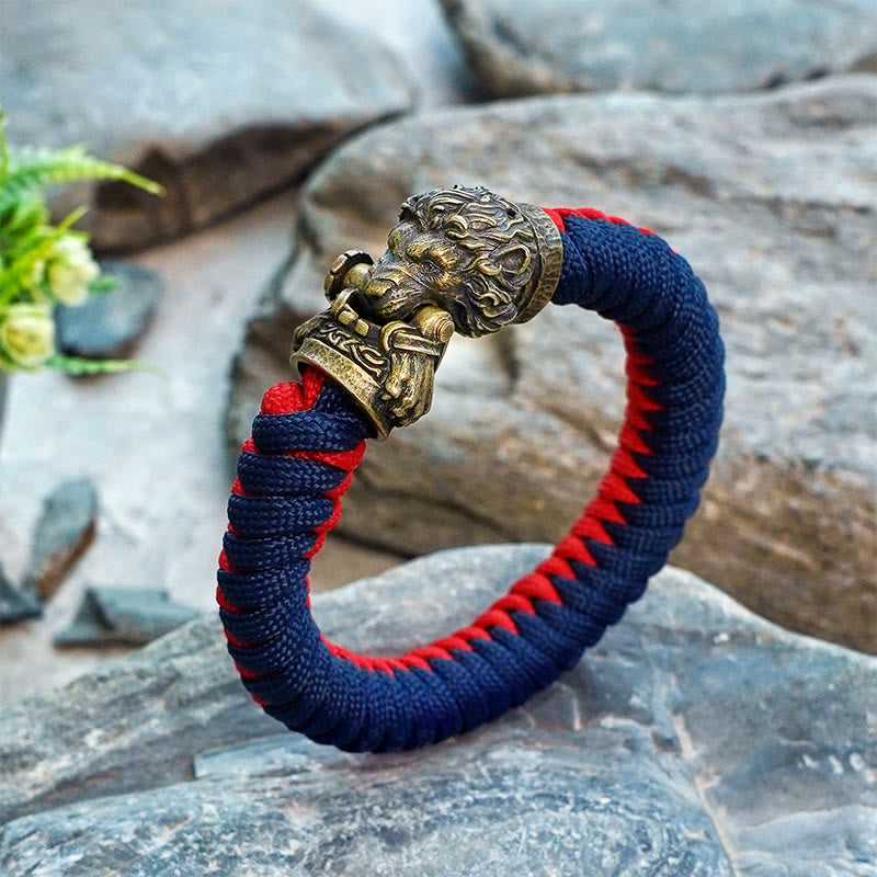 WorldNorse Vintage Lion Head Paracord Braided Bracelet - Blue & Red - Inner Circumference: 24cm (Full Length 28cm) - image 1