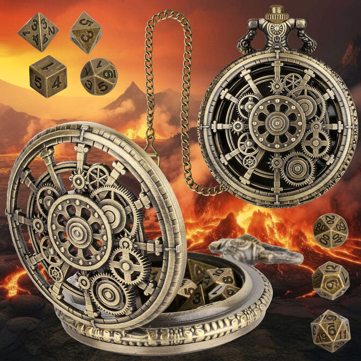 WorldNorse Steampunk Gears Dice Set Waist Chain - Pocket Watch Case + Chain + Dice - Gold - image 5