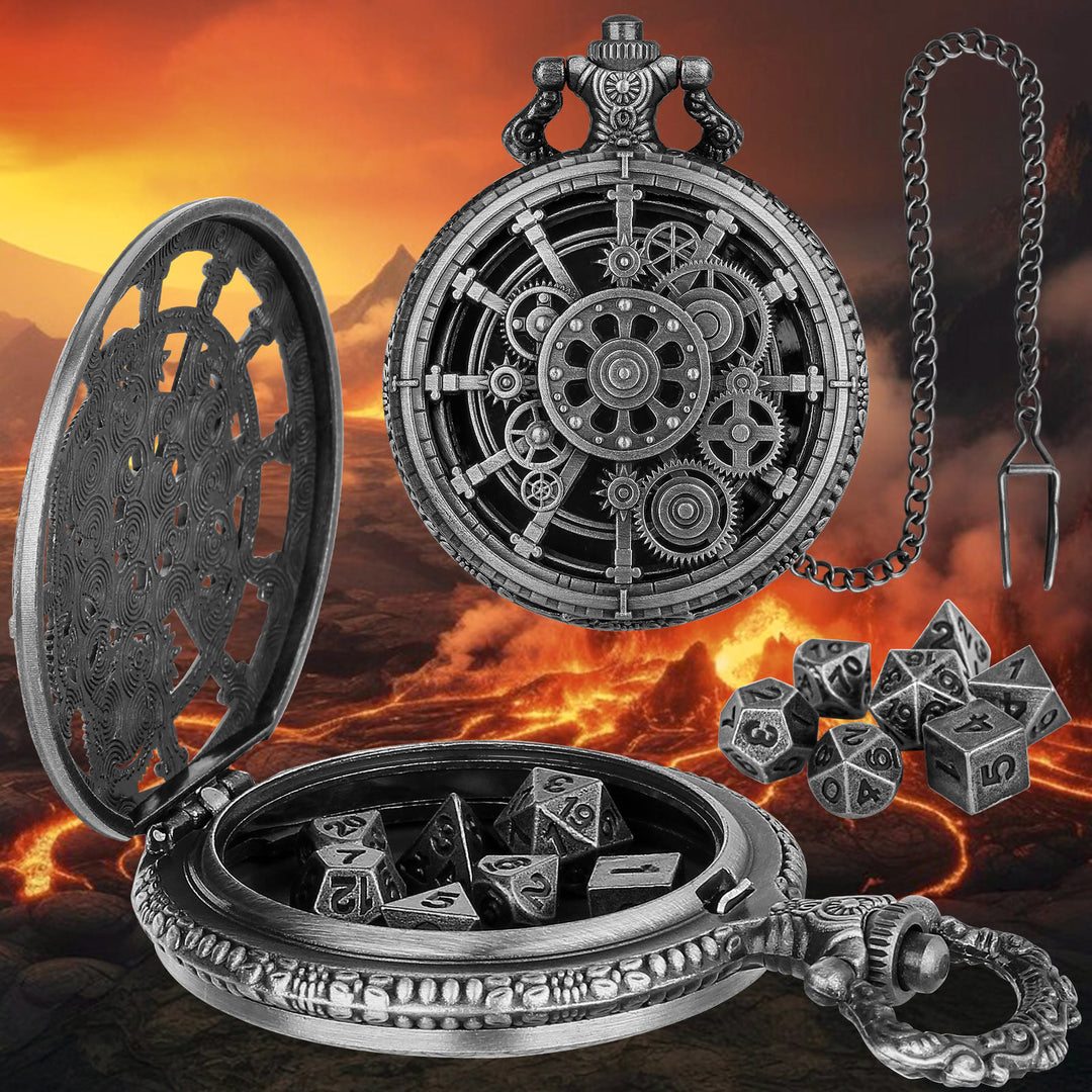 WorldNorse Steampunk Gears Dice Set Waist Chain - Pocket Watch Case + Chain + Dice - Silver - image 1