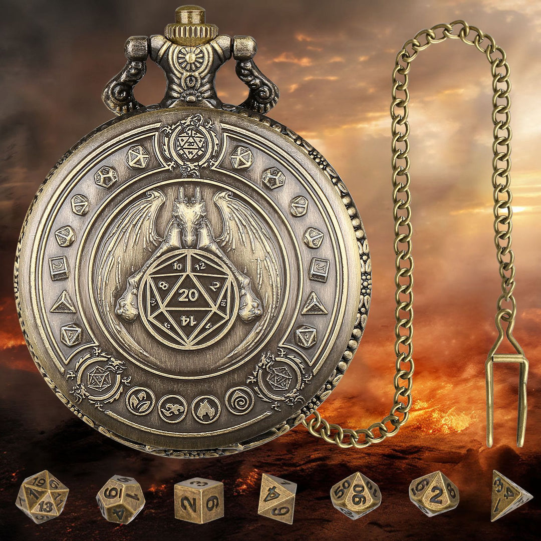 WorldNorse Norse Dragon Polyhedral Dice Set Waist Chain - Pocket Watch Case + Chain + Dice - Gold - image 1