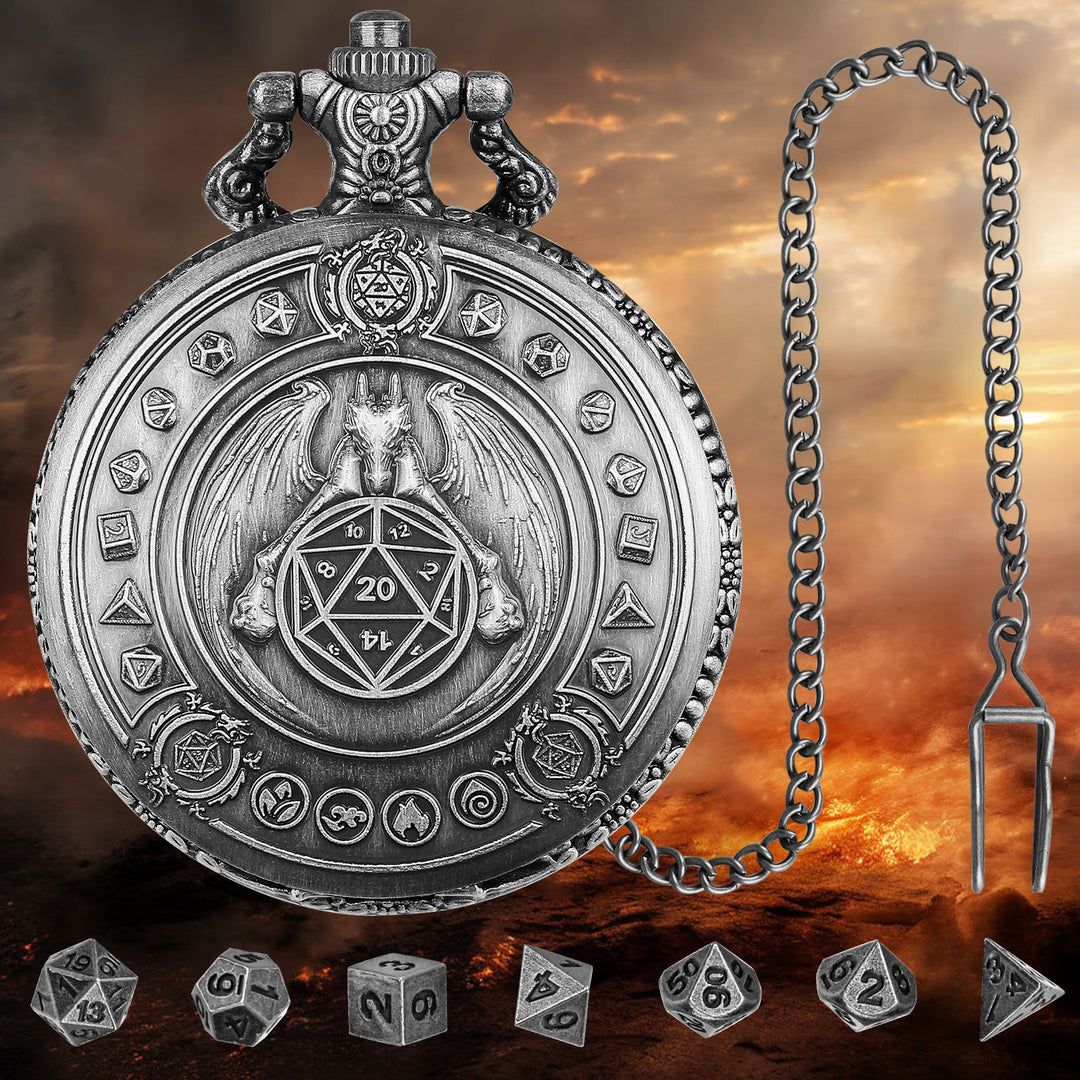 WorldNorse Norse Dragon Polyhedral Dice Set Waist Chain - Pocket Watch Case + Chain + Dice - Silver - image 5