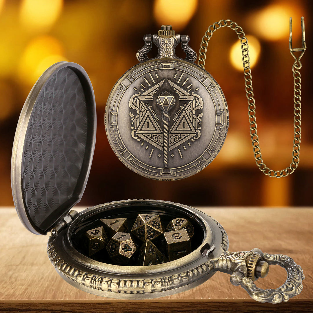 WorldNorse Magic Wand Multidimensional Dice Set Waist Chain - Pocket Watch Case + Chain + Dice - Gold - image 1