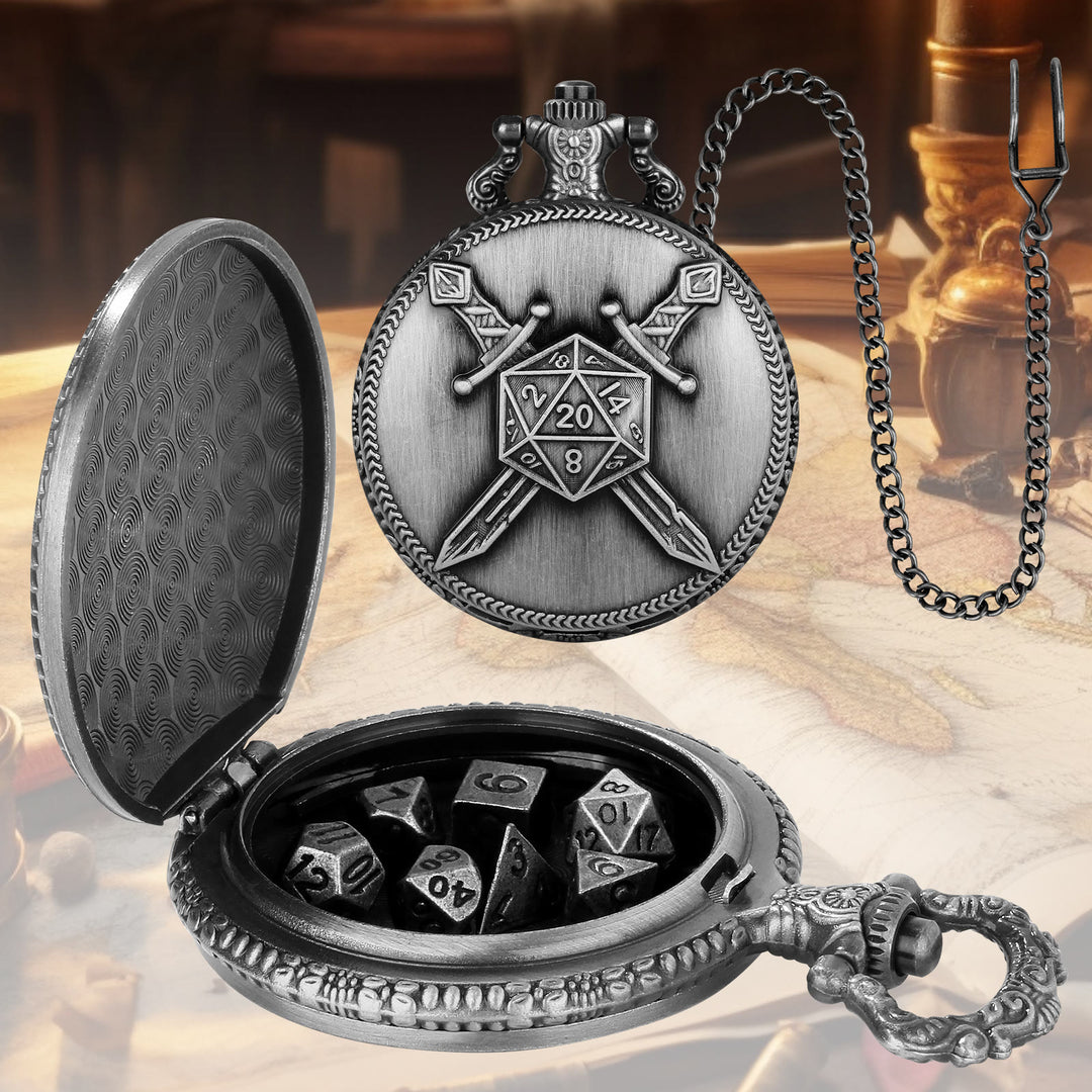 WorldNorse Dual Swords Polyhedral Dice Waist Chain - Pocket Watch Case + Chain + Dice - Silver - image 6