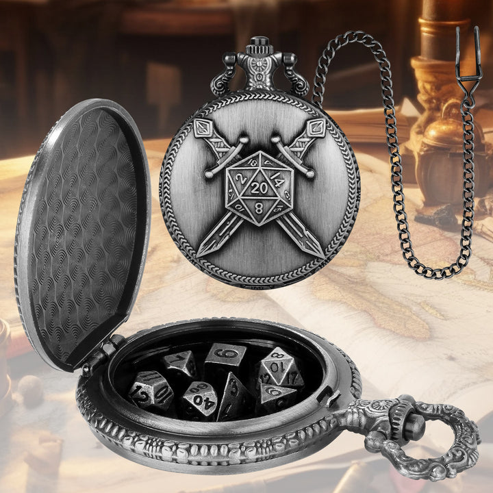 WorldNorse Dual Swords Polyhedral Dice Waist Chain - Pocket Watch Case + Chain + Dice - Silver - image 6