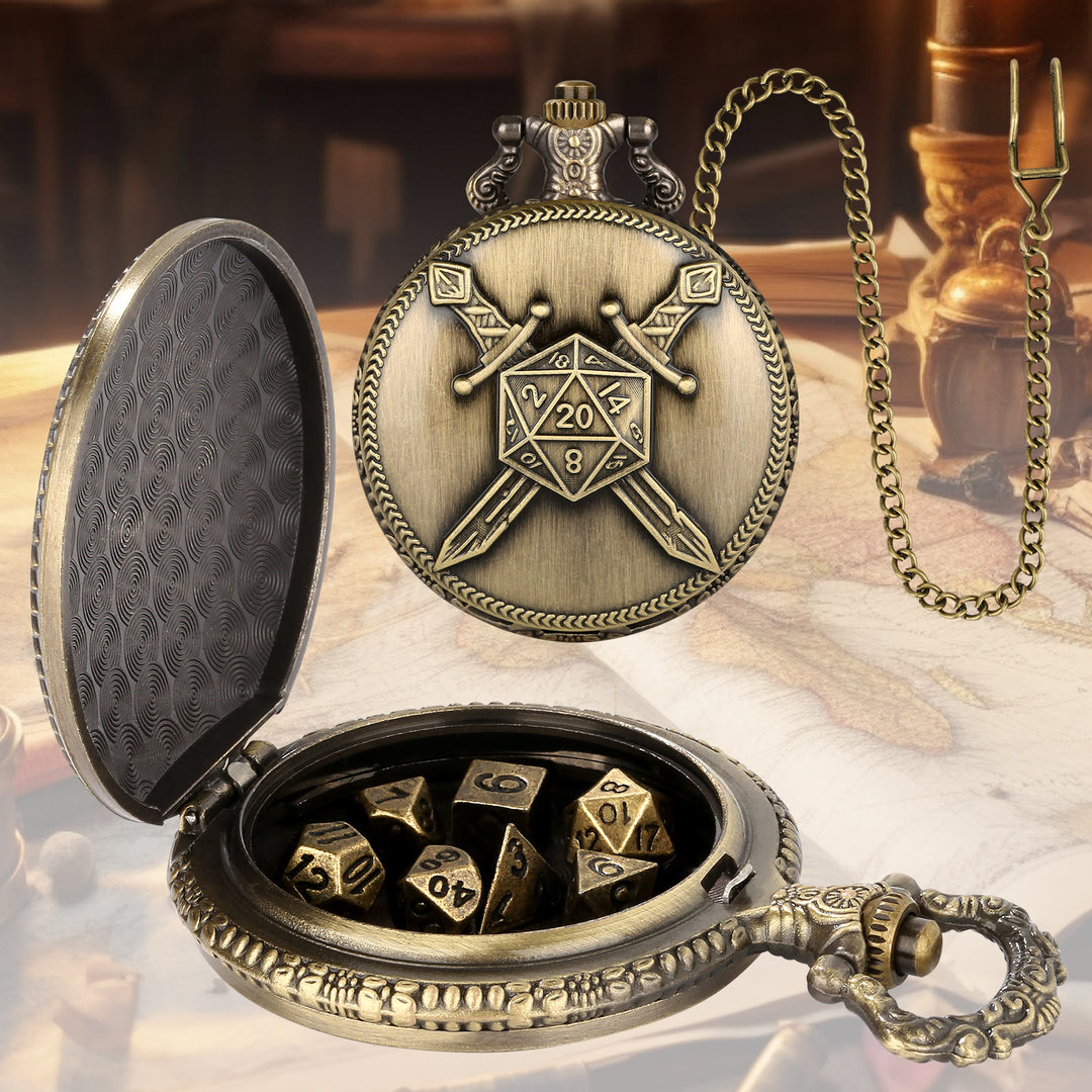 WorldNorse Dual Swords Polyhedral Dice Waist Chain - Pocket Watch Case + Chain + Dice - Gold - image 1