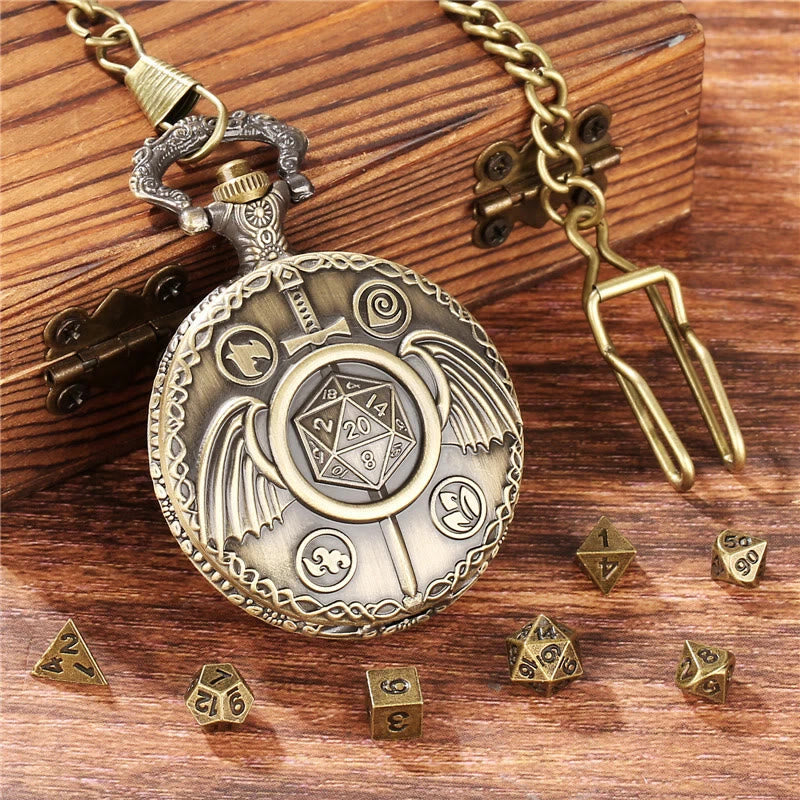 WorldNorse Sword Wings Polyhedral Dice Waist Chain - Pocket Watch Case + Chain + Dice - Gold - image 1