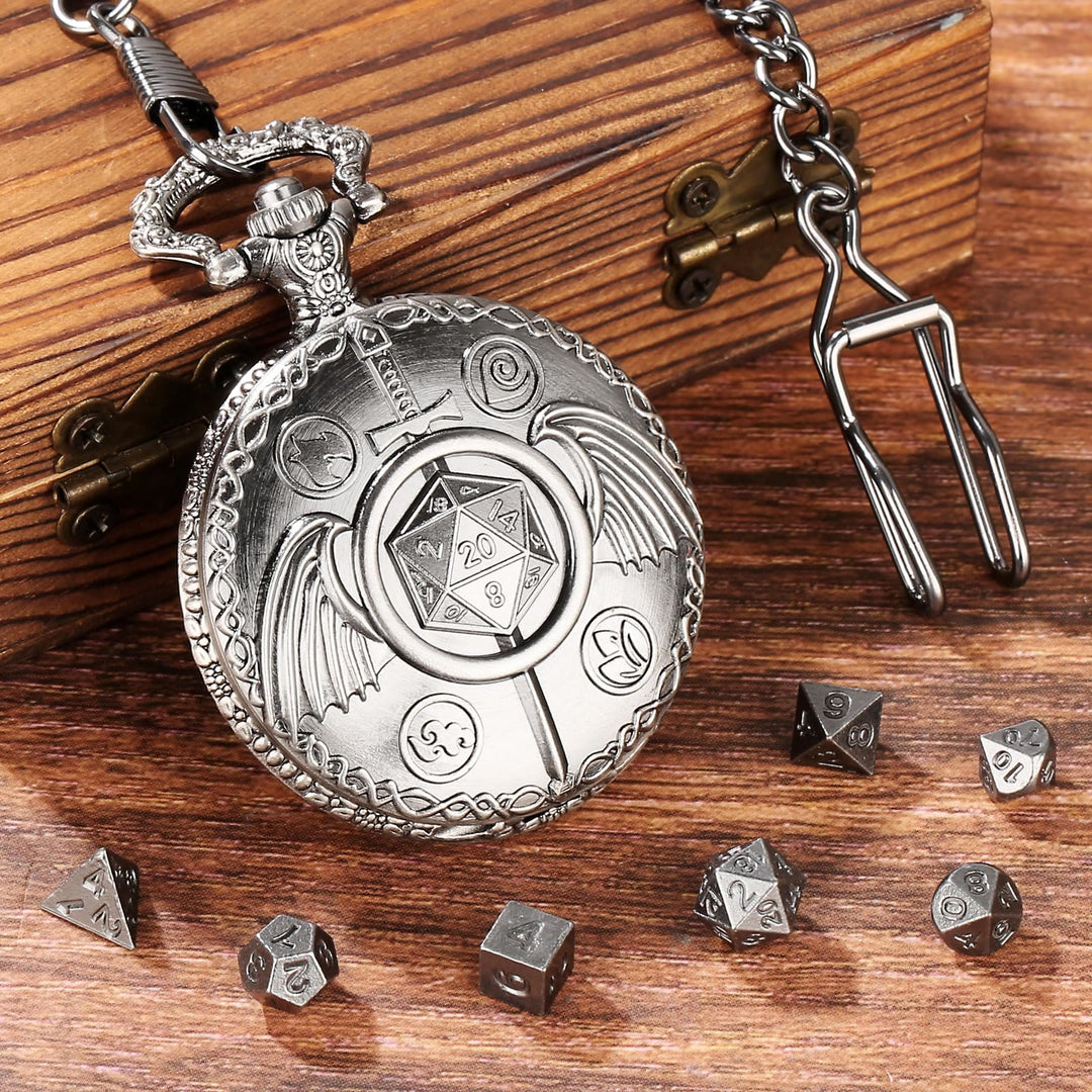 WorldNorse Sword Wings Polyhedral Dice Waist Chain - Pocket Watch Case + Chain + Dice - Silver - image 7