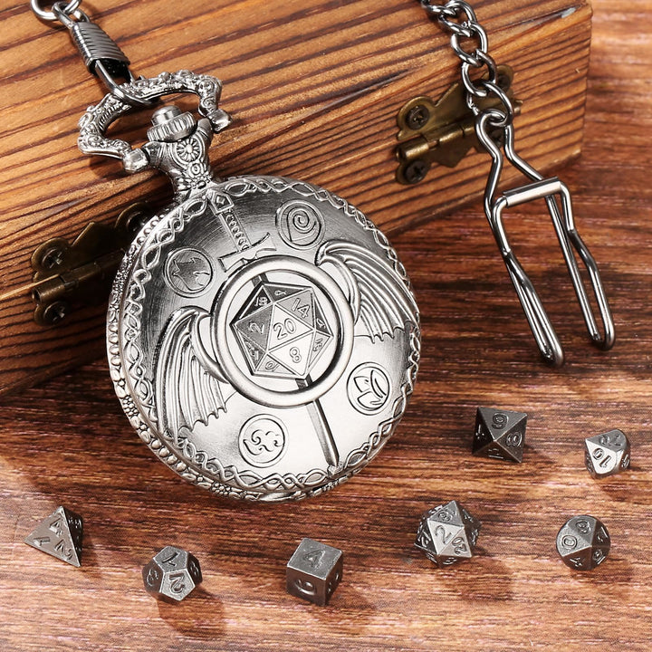 WorldNorse Sword Wings Polyhedral Dice Waist Chain - Pocket Watch Case + Chain + Dice - Silver - image 7