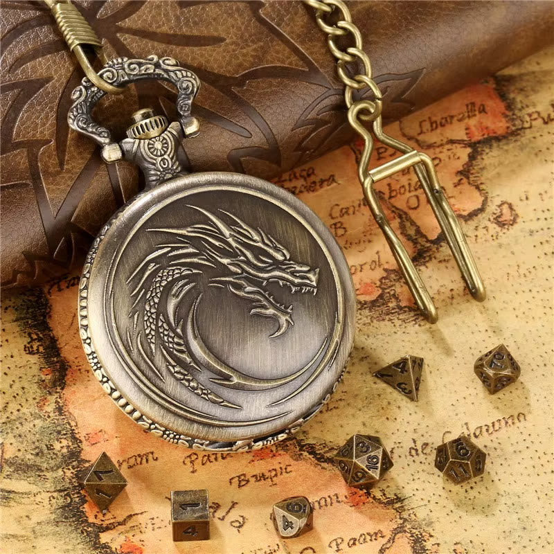 WorldNorse Norse Dragon Pattern Dice Set Waist Chain - Pocket Watch Case + Chain + Dice - Gold - image 0