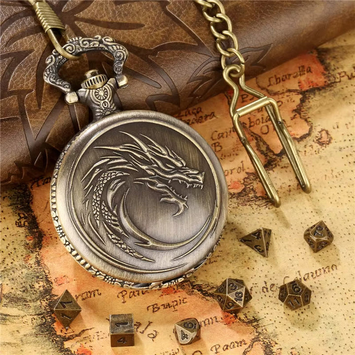 WorldNorse Norse Dragon Pattern Dice Set Waist Chain - Pocket Watch Case + Chain + Dice - Gold - image 0