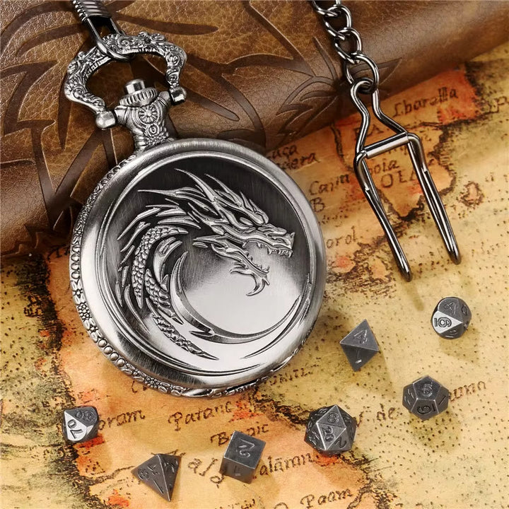 WorldNorse Norse Dragon Pattern Dice Set Waist Chain - Pocket Watch Case + Chain + Dice - Silver - image 6