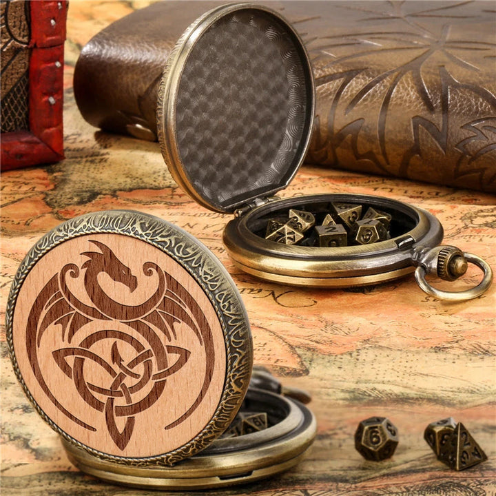 WorldNorse Vintage Dragon Triquetra Seven Dice Waist Chain - Pocket Watch Case + Chain + Dice - Gold - image 0