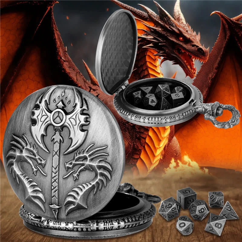 WorldNorse Double Dragon Axe Polyhedral Dice Waist Chain - Pocket Watch Case + Chain + Dice - Silver - image 1